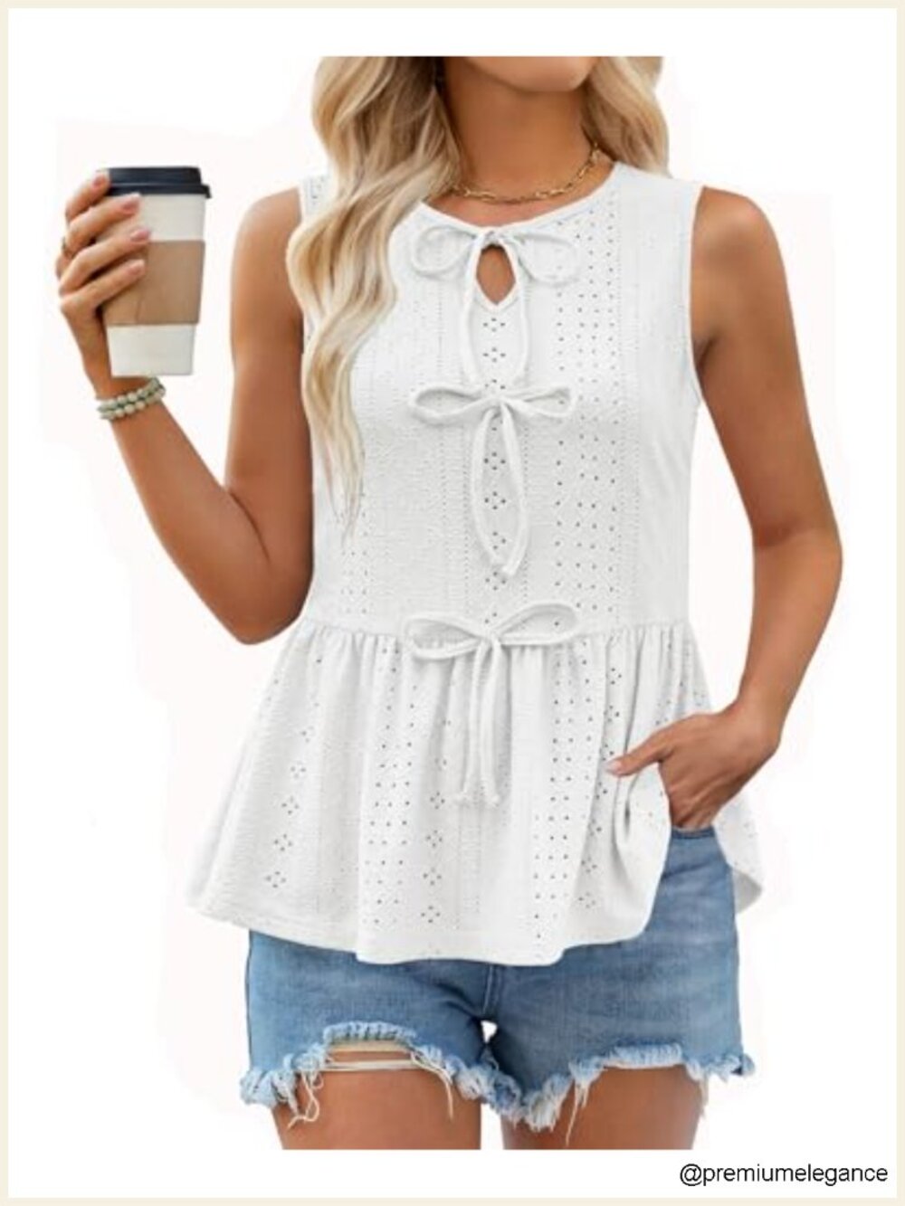 Eyelet Peplum Sleeveless Tank Top Flowy Babydoll Blouse Bow Front Cute Summer